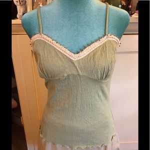 Sooo Vintage Light Olive Delicate Camisole Top w/ Crochet & Bead Embellishment L